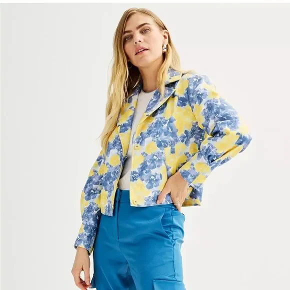 Cropped Floral Yellow and Blue Trench - Picture 2 of 13